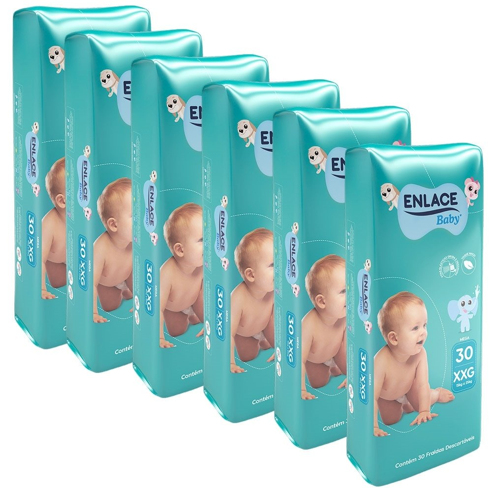 Fralda Descartável Enlace Baby Mega Tamanho XXG - 6 Pacotes com 30 Fraldas - Total 180 Tiras Fralda Descartável Enlace Baby Mega Tamanho XXG - 6 Pacotes com 30 Fraldas - Total 180 Tiras