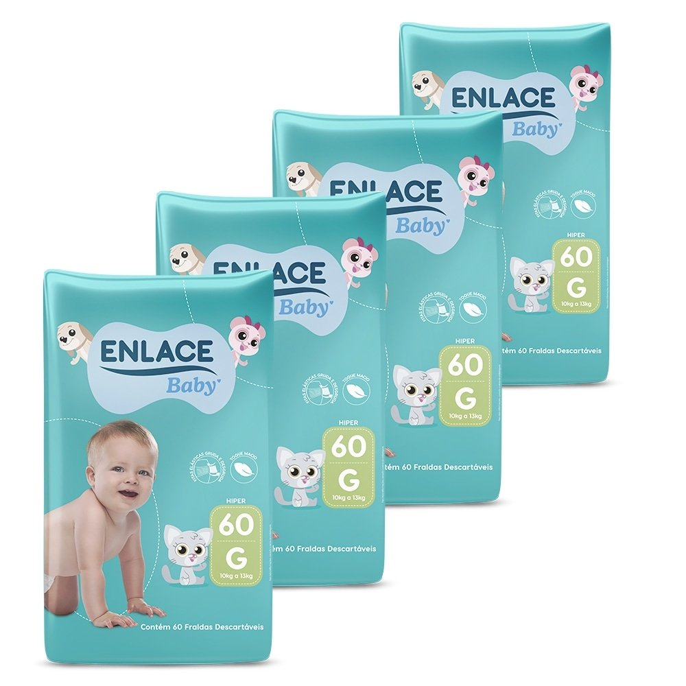 Fralda Descartável Enlace Baby Hiper Tamanho G - 4 Pacotes com 60 Fraldas - Total 240 Tiras Fralda Descartável Enlace Baby Hiper Tamanho G - 4 Pacotes com 60 Fraldas - Total 240 Tiras