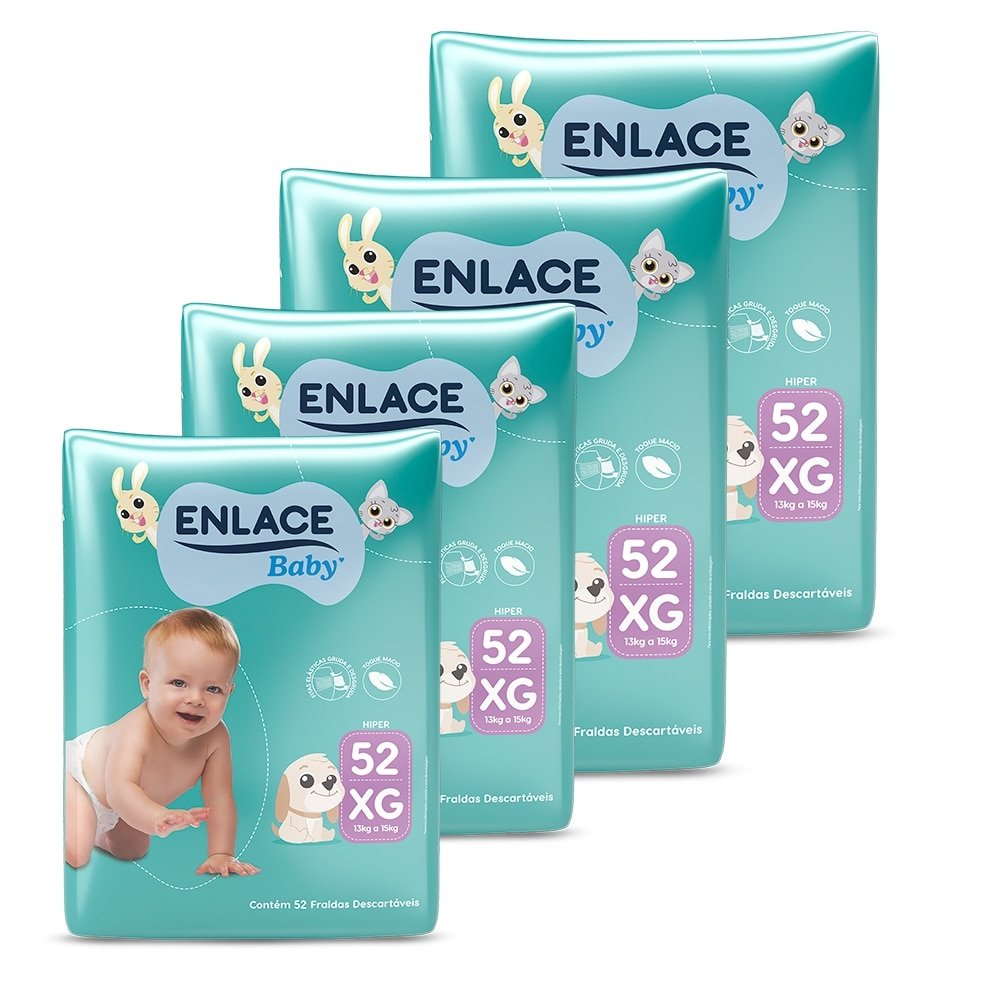 Fralda Descartável Enlace Baby Hiper Tamanho XG - 4 Pacotes com 52 Fraldas - Total 208 Tiras Fralda Descartável Enlace Baby Hiper Tamanho XG - 4 Pacotes com 52 Fraldas - Total 208 Tiras