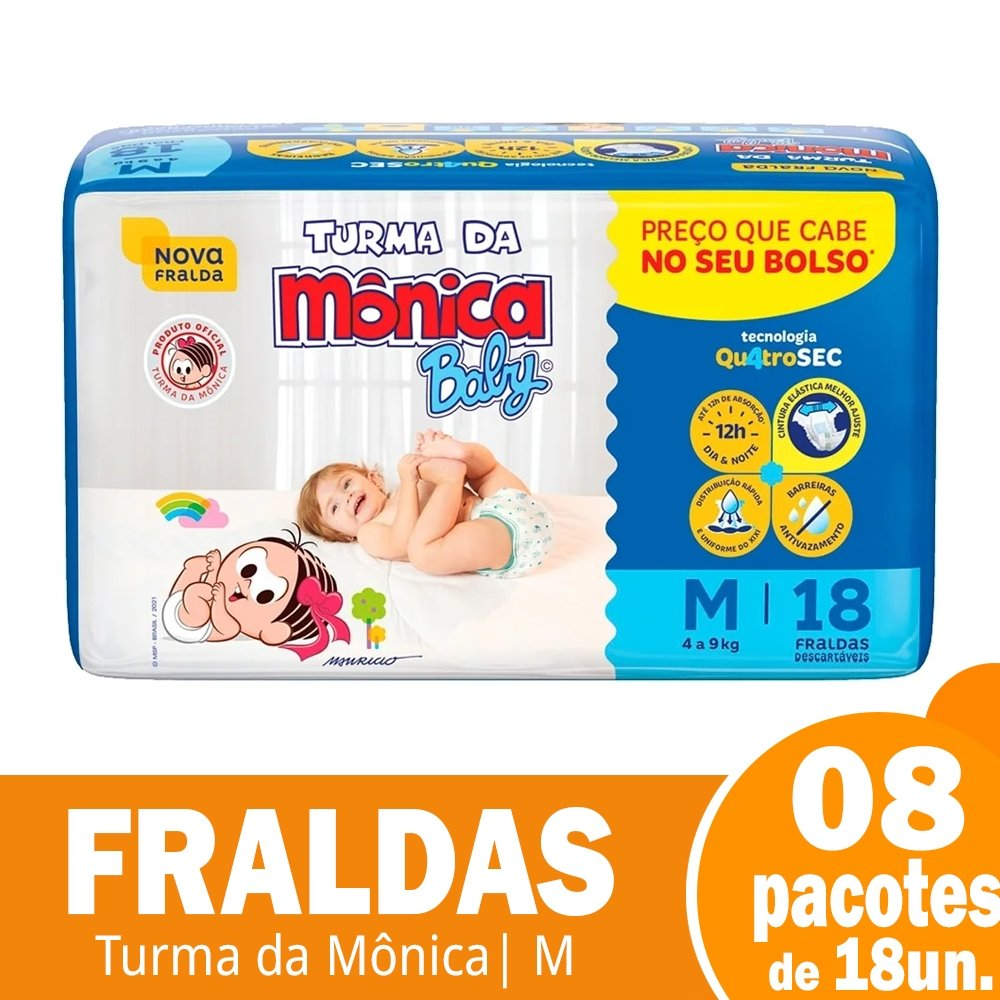 Fralda Descartável Turma da Mônica Jumbinho Tamanho M - 8 Pacotes com 18 Fraldas - Total 144 Tiras Fralda Descartável Turma da Mônica Jumbinho Tamanho M - 8 Pacotes com 18 Fraldas - Total 144 Tiras