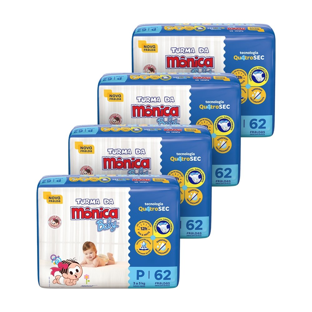 Fralda Descartável Turma da Mônica Tamanho P - 4 Pacotes com 62 Fraldas - Total 248 Tiras Fralda Descartável Turma da Mônica Tamanho P - 4 Pacotes com 62 Fraldas - Total 248 Tiras