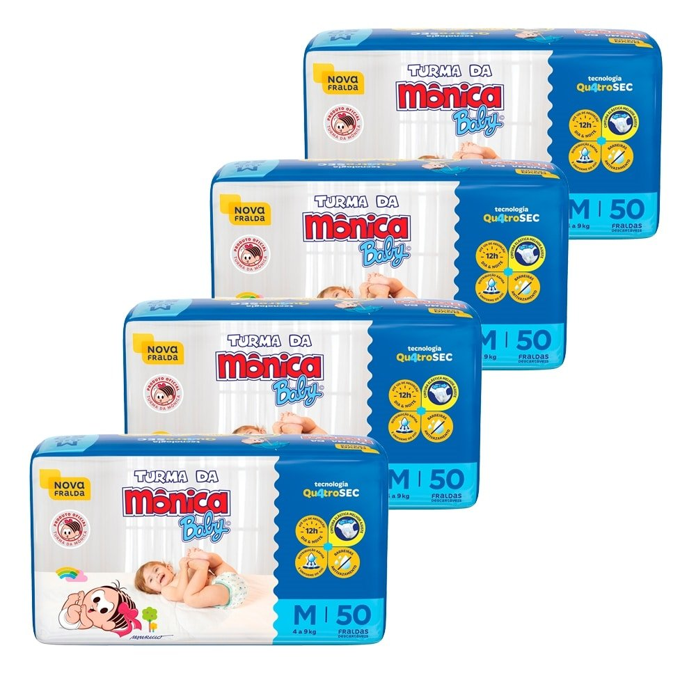 Fralda Descartável Turma da Mônica Tamanho M - 4 Pacotes com 50 Fraldas - Total 200 Tiras Fralda Descartável Turma da Mônica Tamanho M - 4 Pacotes com 50 Fraldas - Total 200 Tiras