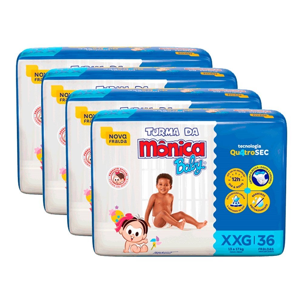 Fralda Descartável Turma da Mônica Tamanho XXG - 4 Pacotes com 36 Fraldas - Total 144 Tiras Fralda Descartável Turma da Mônica Tamanho XXG - 4 Pacotes com 36 Fraldas - Total 144 Tiras