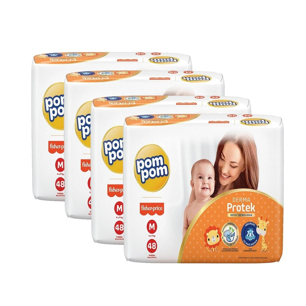 Fralda Descartável Pom Pom Derma Protek Tamanho M - 4 Pacotes com 48 Fraldas - Total 192 Tiras Fralda Descartável Pom Pom Derma Protek Tamanho M - 4 Pacotes com 48 Fraldas - Total 192 Tiras