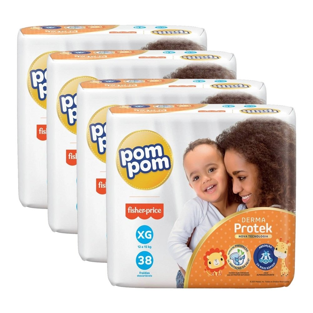 Fralda Descartável Pom Pom Derma Protek Tamanho XG - 4 Pacotes com 38 Fraldas - Total 152 Tiras Fralda Descartável Pom Pom Derma Protek Tamanho XG - 4 Pacotes com 38 Fraldas - Total 152 Tiras