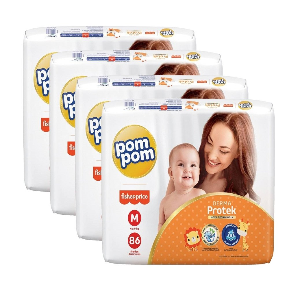 Fralda Descartável Pom Pom Derma Protek Tamanho M - 4 Pacotes com 86 Fraldas - Total 344 Tiras Fralda Descartável Pom Pom Derma Protek Tamanho M - 4 Pacotes com 86 Fraldas - Total 344 Tiras