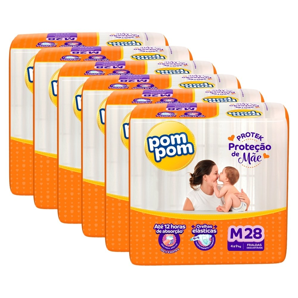 Fralda Descartável Pom Pom Derma Protek Jumbo Tamanho M - 6 Pacotes com 28 Fraldas - Total 168 Tiras Fralda Descartável Pom Pom Derma Protek Jumbo Tamanho M - 6 Pacotes com 28 Fraldas - Total 168 Tiras
