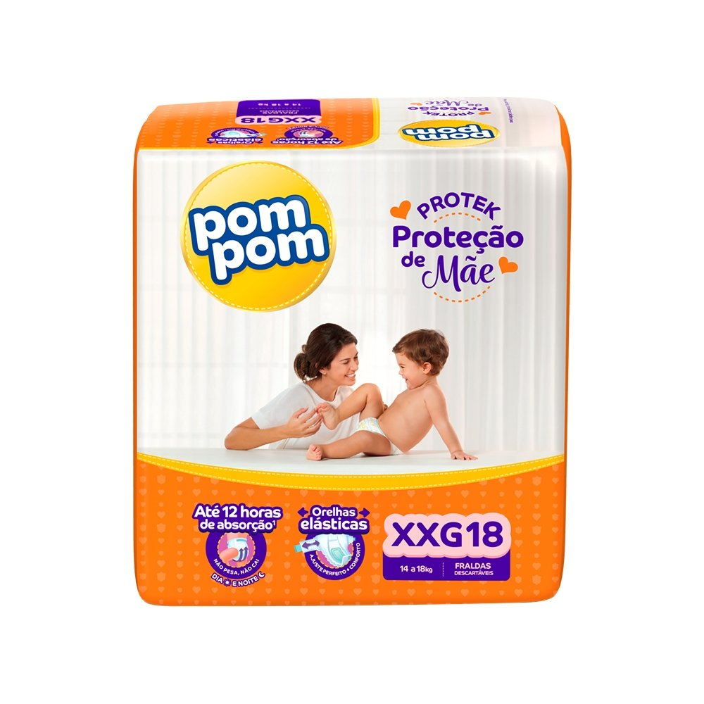 Fralda Descartável Pom Pom Derma Protek Jumbo Tamanho XXG - 6 Pacotes com 18 Fraldas - Total 108 Tiras Fralda Descartável Pom Pom Derma Protek Jumbo Tamanho XXG - 6 Pacotes com 18 Fraldas - Total 108 Tiras