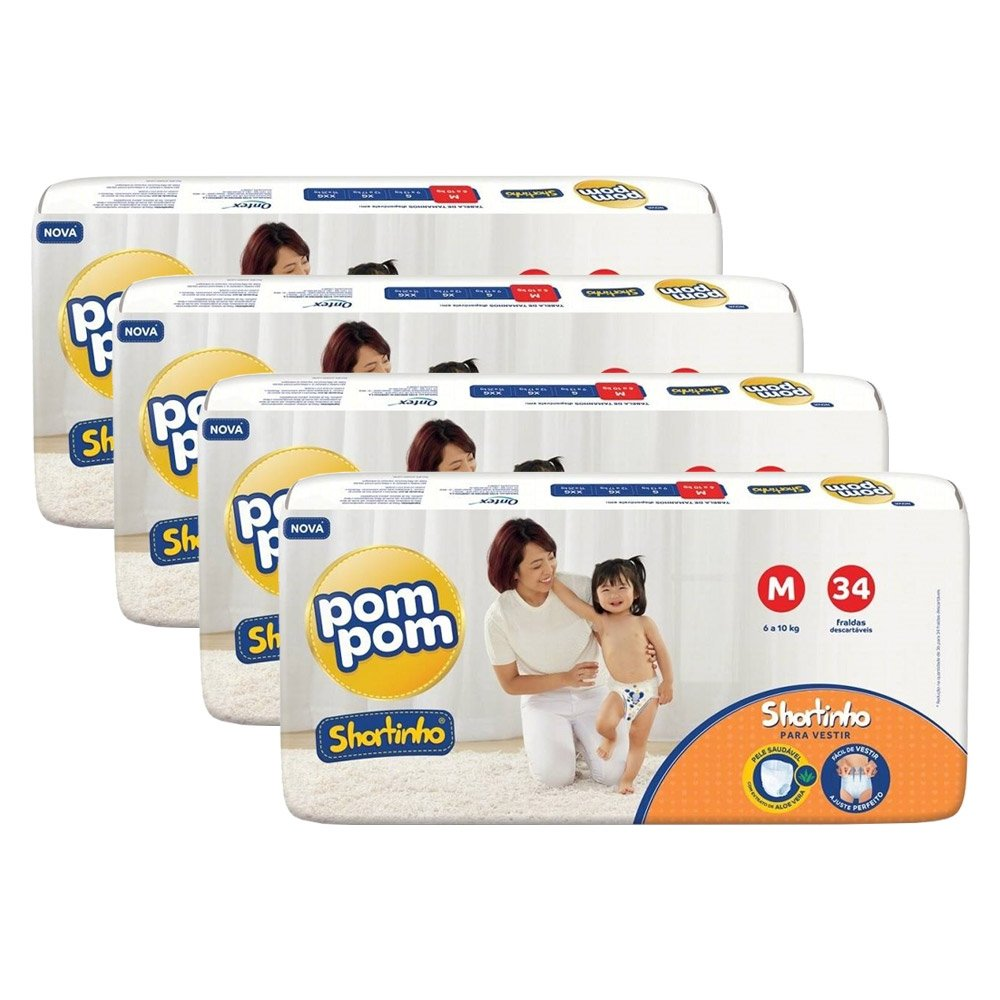 Fralda Descartável Pom Pom Shortinho Jumbo Tamanho M - 4 Pacotes com 34 Fraldas - Total 136 Tiras Fralda Descartável Pom Pom Shortinho Jumbo Tamanho M - 4 Pacotes com 34 Fraldas - Total 136 Tiras