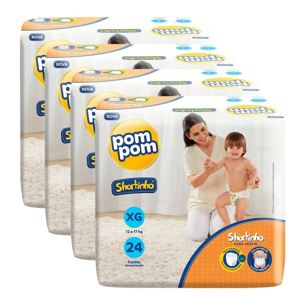 Fralda Descartável Pom Pom Shortinho Jumbo Tamanho XG - 4 Pacotes com 24 Fraldas - Total 96 Tiras Fralda Descartável Pom Pom Shortinho Jumbo Tamanho XG - 4 Pacotes com 24 Fraldas - Total 96 Tiras