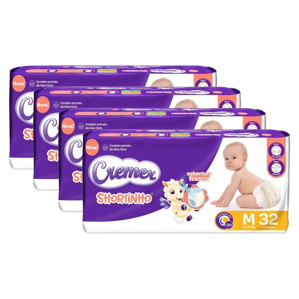 Fralda Descartável Cremer Shortinho Jumbo Tamanho M - 4 Pacotes com 32 Fraldas - Total 128 Tiras Fralda Descartável Cremer Shortinho Jumbo Tamanho M - 4 Pacotes com 32 Fraldas - Total 128 Tiras