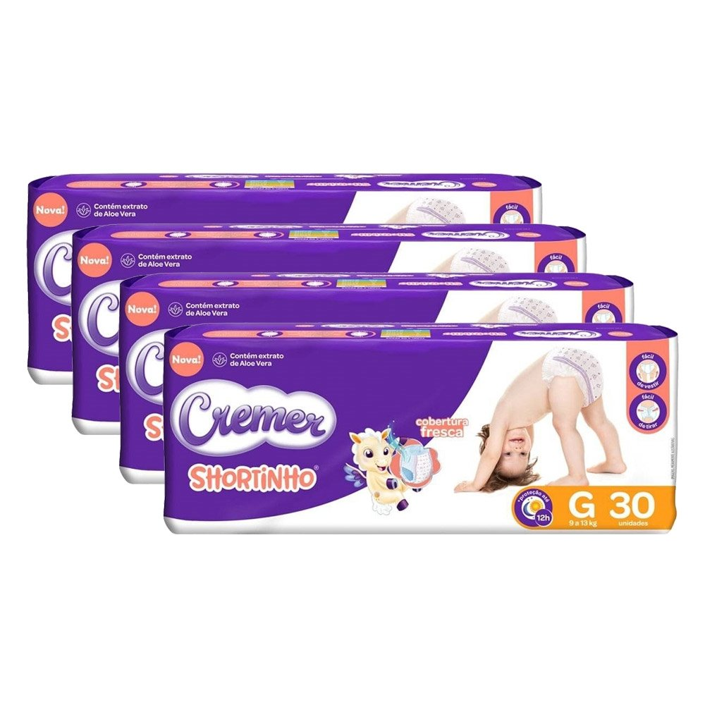 Fralda Descartável Cremer Shortinho Jumbo Tamanho G - 4 Pacotes com 30 Fraldas - Total 120 Tiras Fralda Descartável Cremer Shortinho Jumbo Tamanho G - 4 Pacotes com 30 Fraldas - Total 120 Tiras
