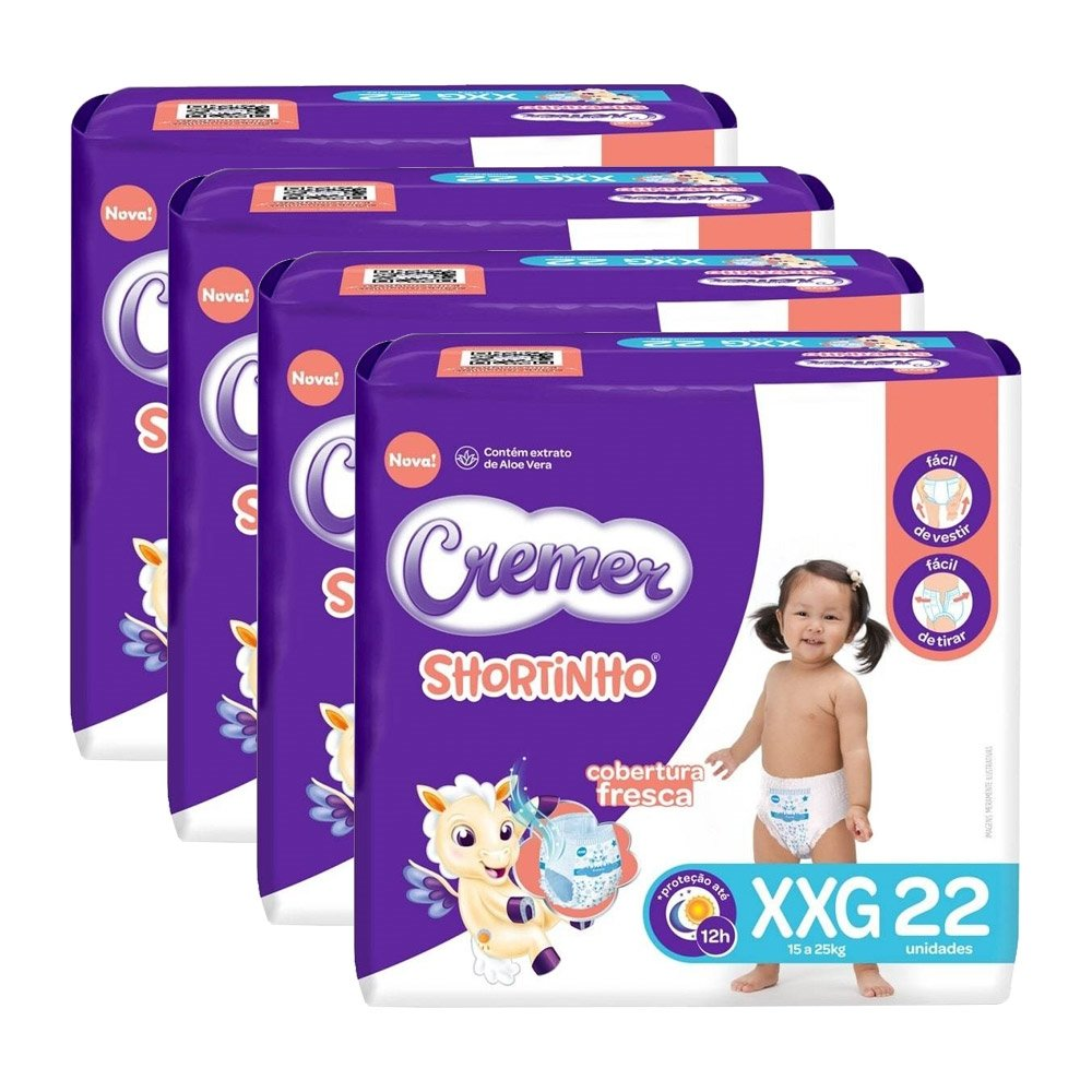 Fralda Descartável Cremer Shortinho Jumbo Tamanho XXG - 4 Pacotes com 22 Fraldas - Total 88 Tiras Fralda Descartável Cremer Shortinho Jumbo Tamanho XXG - 4 Pacotes com 22 Fraldas - Total 88 Tiras
