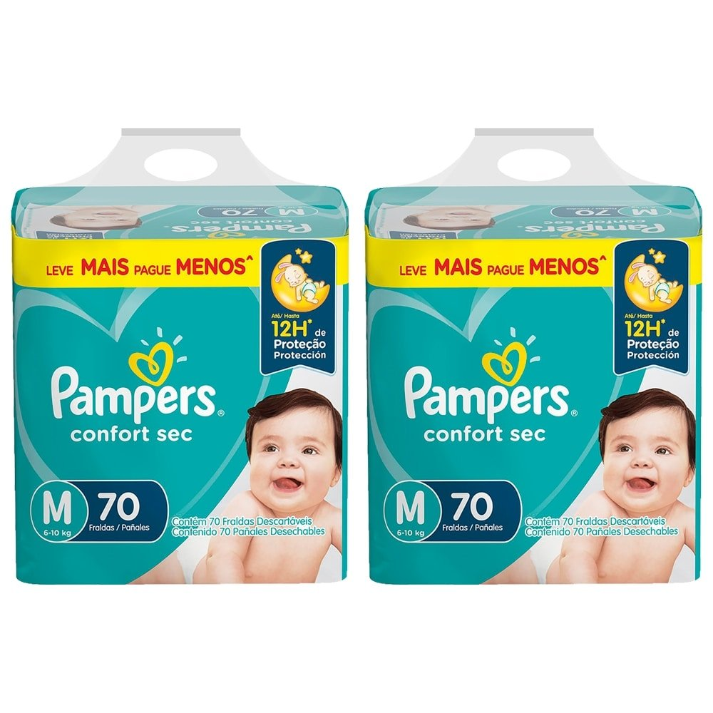 Fralda Descartável Pampers Confort Sec Super Tamanho M - 2 Pacotes com 70 Fraldas - 140 Total Tiras Fralda Descartável Pampers Confort Sec Super Tamanho M - 2 Pacotes com 70 Fraldas - 140 Total Tiras