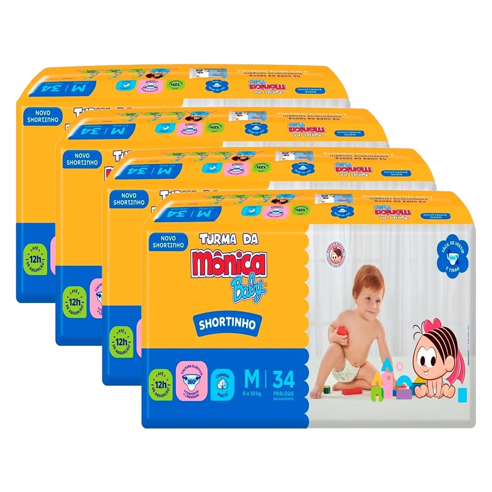 Fralda Descartável Turma da Mônica Shortinho Jumbo Tamanho M - 4 Pacotes com 34 Fraldas - Total 136 Tiras Fralda Descartável Turma da Mônica Shortinho Jumbo Tamanho M - 4 Pacotes com 34 Fraldas - Total 136 Tiras