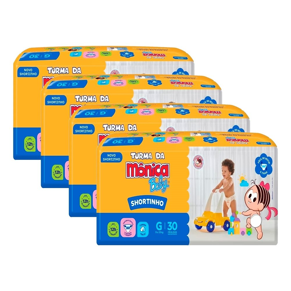 Fralda Descartável Turma da Mônica Shortinho Jumbo Tamanho G - 4 Pacotes com 30 Fraldas - Total 120 Tiras Fralda Descartável Turma da Mônica Shortinho Jumbo Tamanho G - 4 Pacotes com 30 Fraldas - Total 120 Tiras