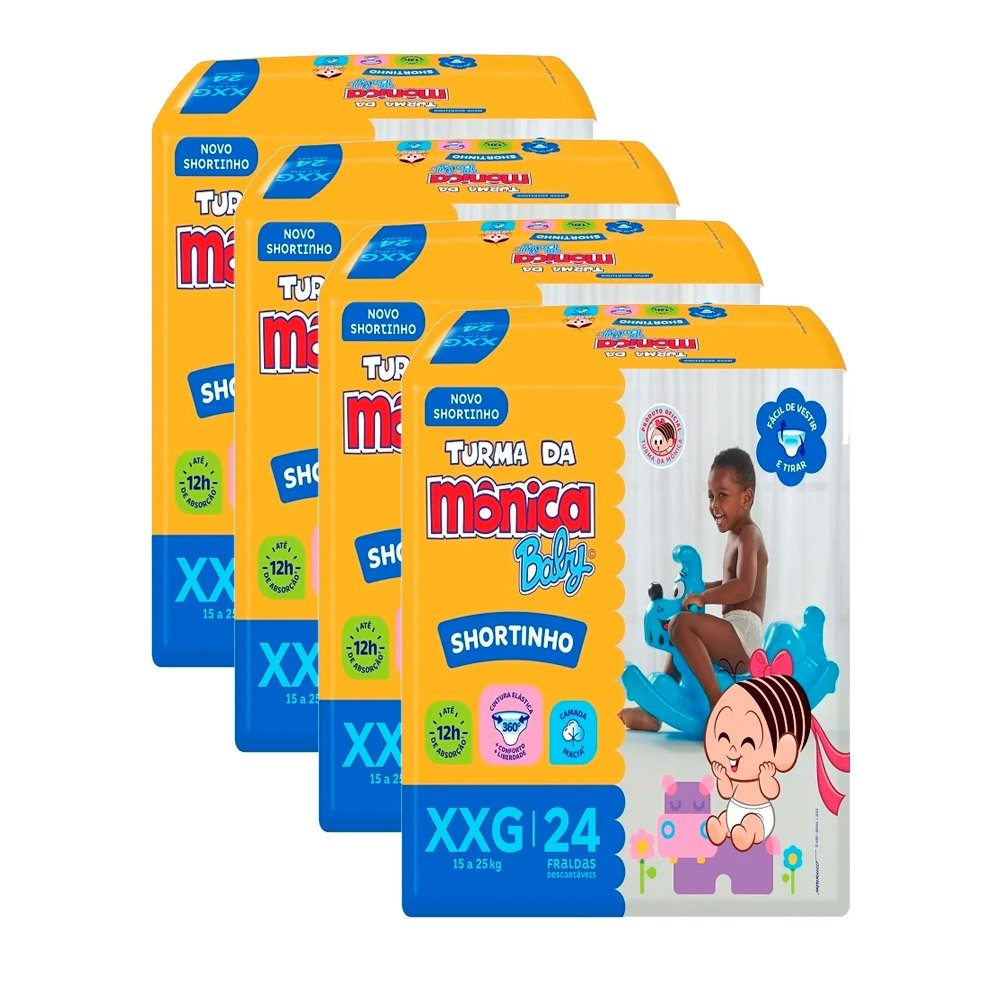 Fralda Descartável Turma da Mônica Shortinho Jumbo Tamanho XXG - 4 Pacotes com 24 Fraldas - Total 96 Tiras Fralda Descartável Turma da Mônica Shortinho Jumbo Tamanho XXG - 4 Pacotes com 24 Fraldas - Total 96 Tiras