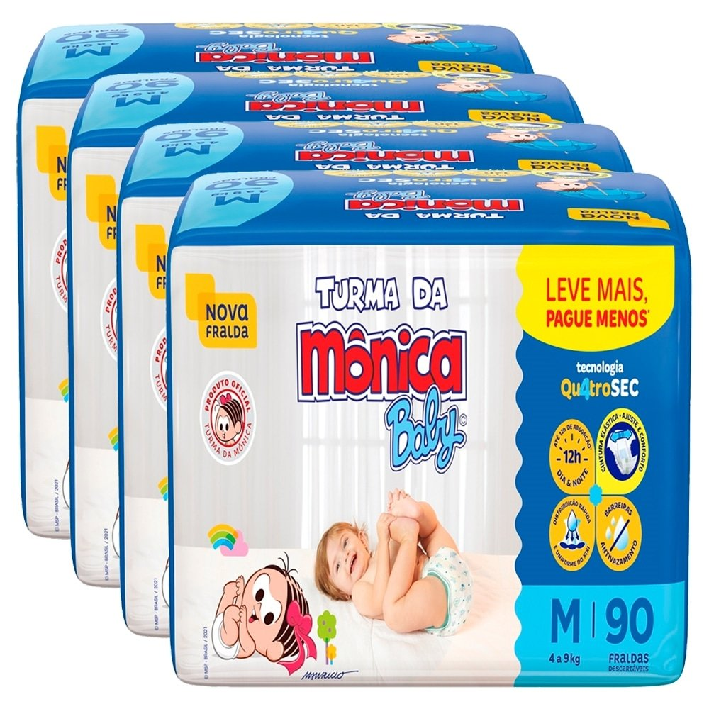Fralda Descartável Turma da Mônica Tamanho M - 4 Pacotes com 90 Fraldas - Total 360 Tiras Fralda Descartável Turma da Mônica Tamanho M - 4 Pacotes com 90 Fraldas - Total 360 Tiras
