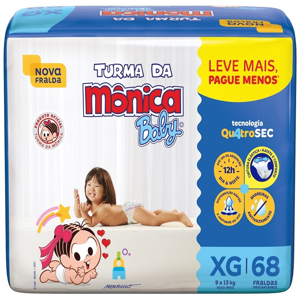 Fralda Descartável Turma da Mônica Tamanho XG - 4 Pacotes com 68 Fraldas - Total 272 Tiras Fralda Descartável Turma da Mônica Tamanho XG - 4 Pacotes com 68 Fraldas - Total 272 Tiras