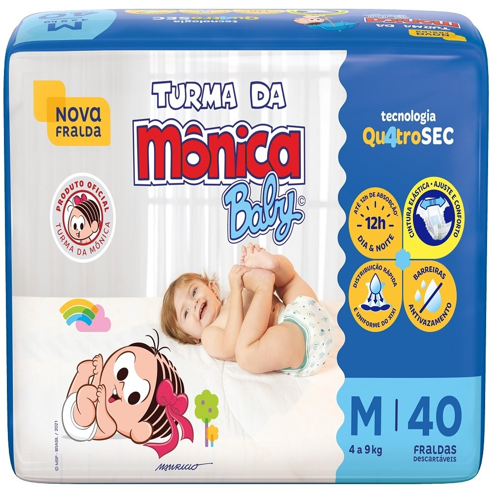 Fralda Descartável Turma da Mônica Tamanho M - 6 Pacotes com 40 Fraldas - Total 240 Tiras Fralda Descartável Turma da Mônica Tamanho M - 6 Pacotes com 40 Fraldas - Total 240 Tiras