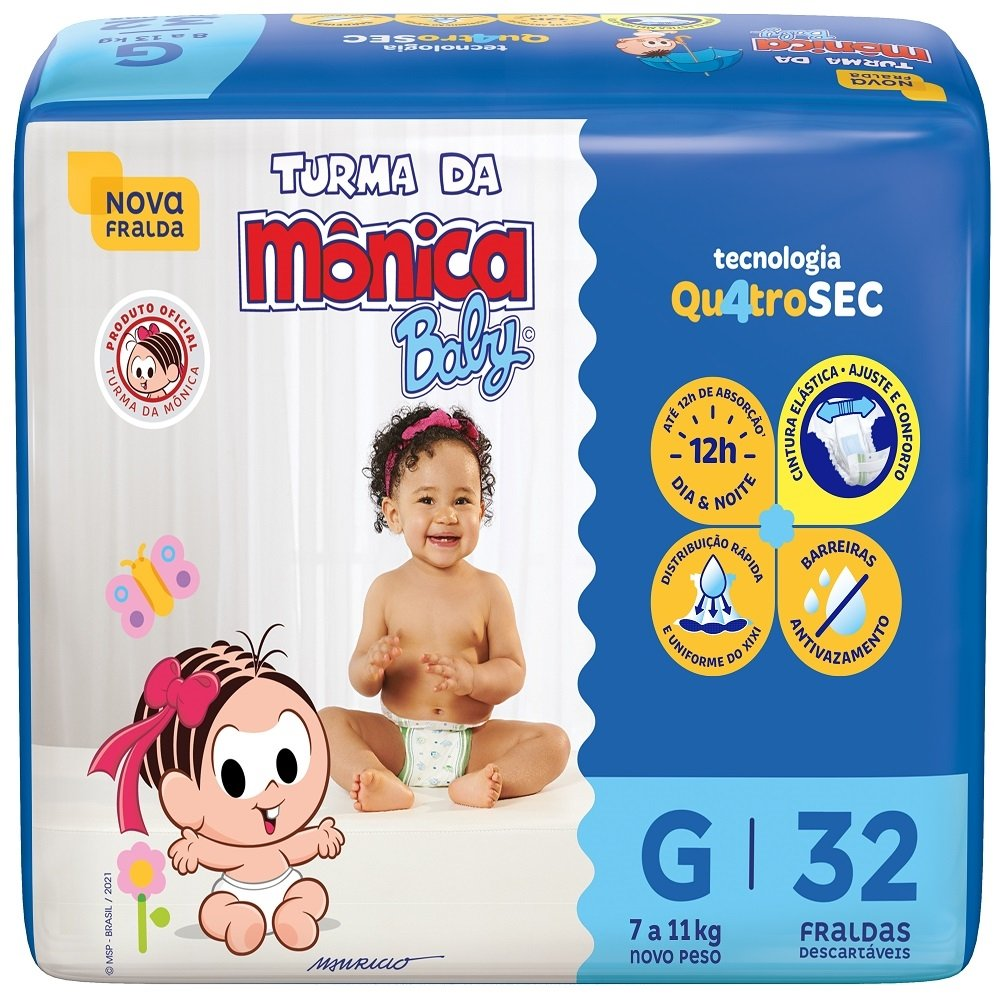Fralda Descartável Turma da Mônica Tamanho G - 6 Pacotes com 32 Fraldas - Total 192 Tiras Fralda Descartável Turma da Mônica Tamanho G - 6 Pacotes com 32 Fraldas - Total 192 Tiras