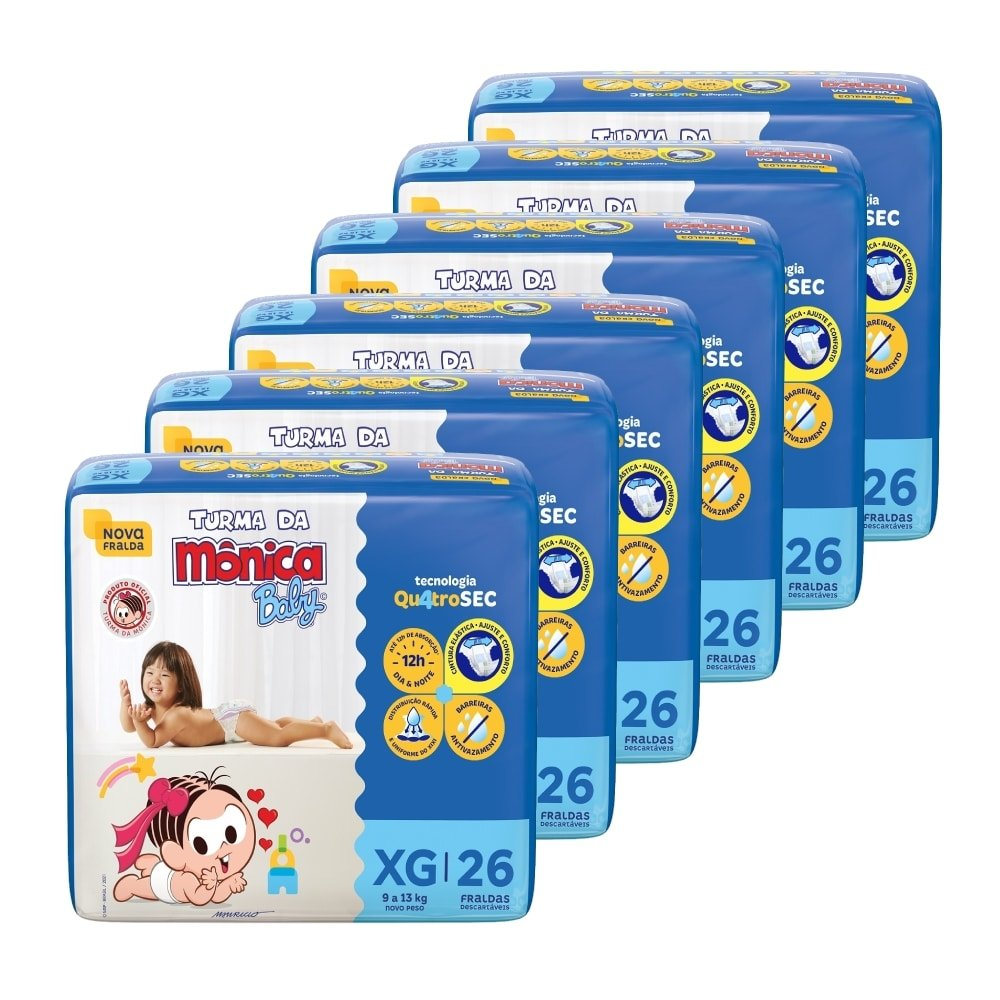 Fralda Descartável Turma da Mônica Econômica Tamanho XG - 6 Pacotes com 26 Fraldas - Total 156 Tiras Fralda Descartável Turma da Mônica Econômica Tamanho XG - 6 Pacotes com 26 Fraldas - Total 156 Tiras