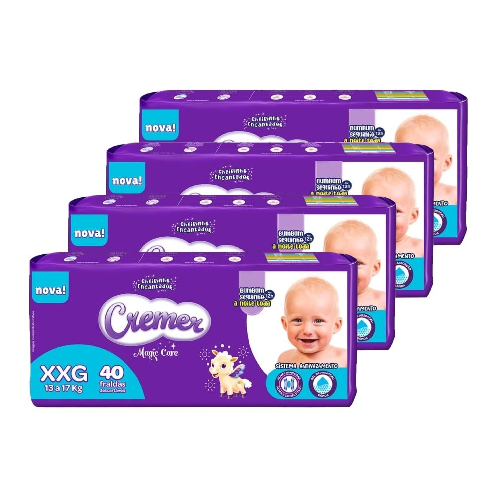 Fralda Descartável Cremer Magic Care Tamanho XXG - 4 Pacotes com 40 Fraldas - Total 160 Tiras Fralda Descartável Cremer Magic Care Tamanho XXG - 4 Pacotes com 40 Fraldas - Total 160 Tiras