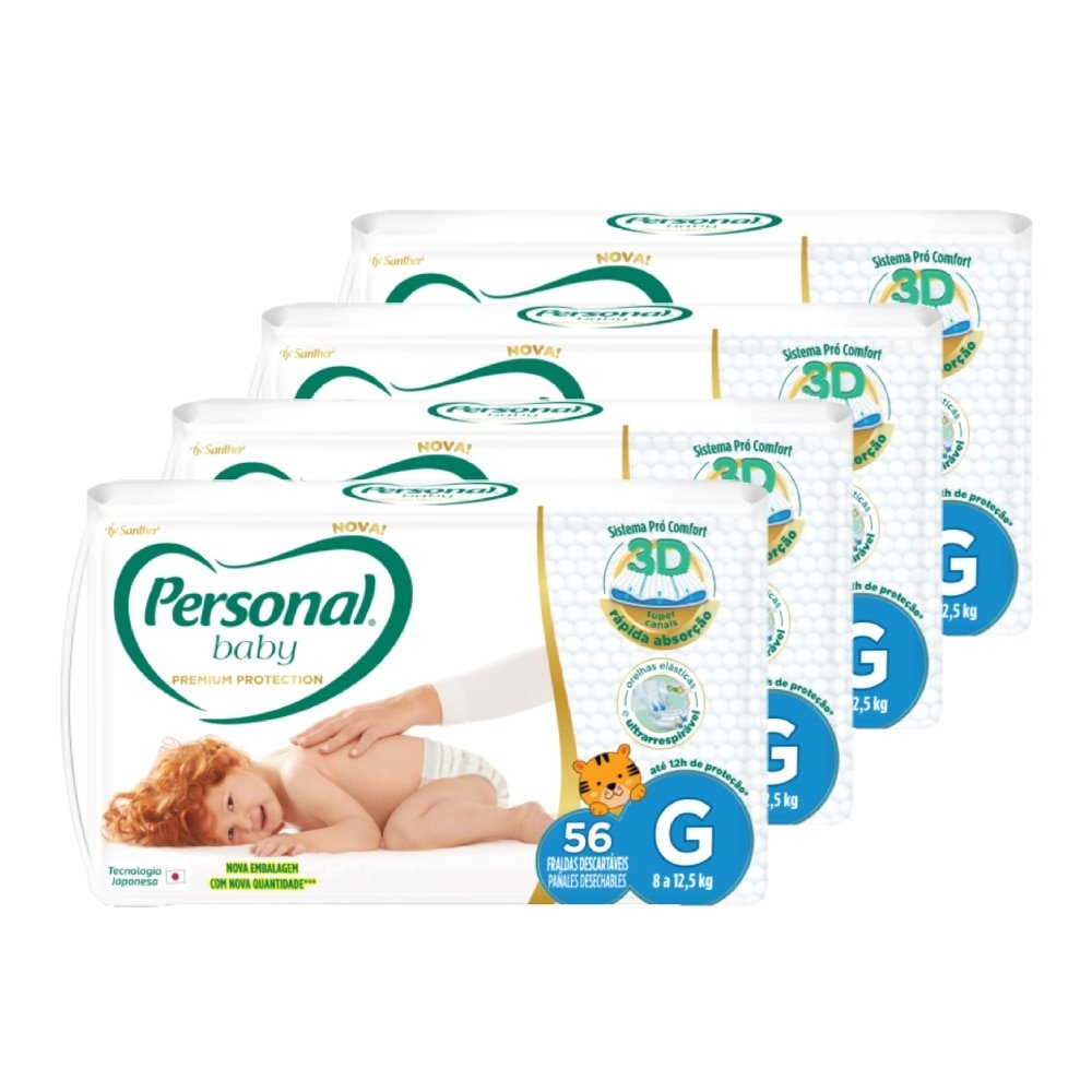 Fralda Descartável Personal Premium Hiper Tamanho G - 4 Pacotes com 56 Fraldas - Total De 224 Tiras Fralda Descartável Personal Premium Hiper Tamanho G - 4 Pacotes com 56 Fraldas - Total De 224 Tiras