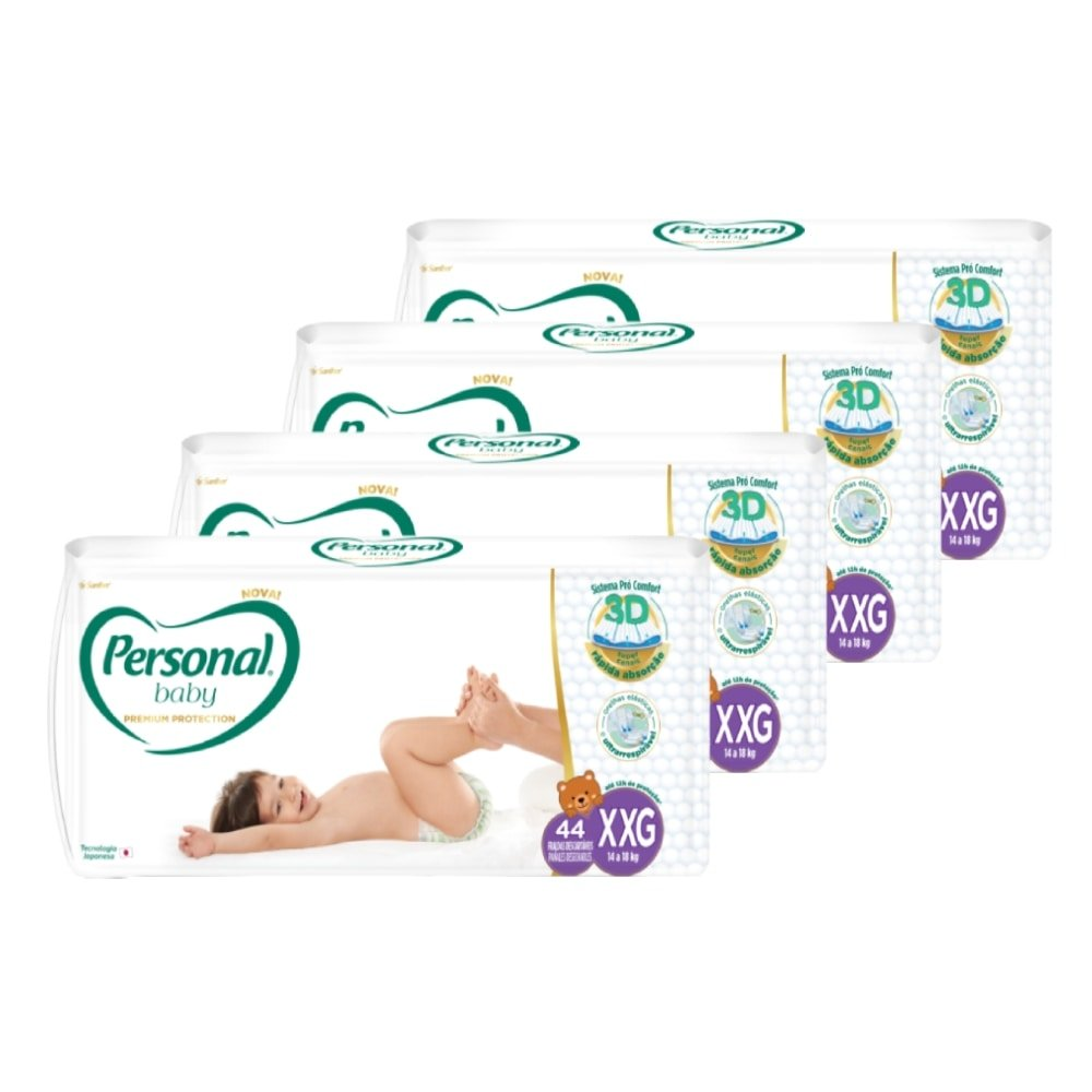 Fralda Descartável Personal Premium Hiper Tamanho XXG - 4 Pacotes com 44 Fraldas - Total De 176 Tiras Fralda Descartável Personal Premium Hiper Tamanho XXG - 4 Pacotes com 44 Fraldas - Total De 176 Tiras