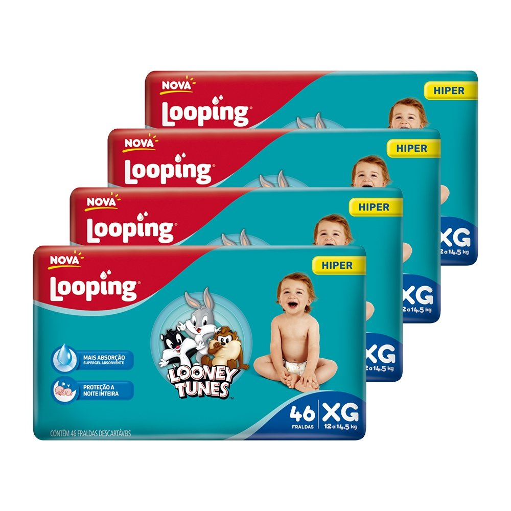 Fralda Descartável Looping Looney Tunes Hiper Extra Grande - 4 Pacotes com 46 Fraldas - Total 184 Tiras Fralda Descartável Looping Looney Tunes Hiper Extra Grande - 4 Pacotes com 46 Fraldas - Total 184 Tiras
