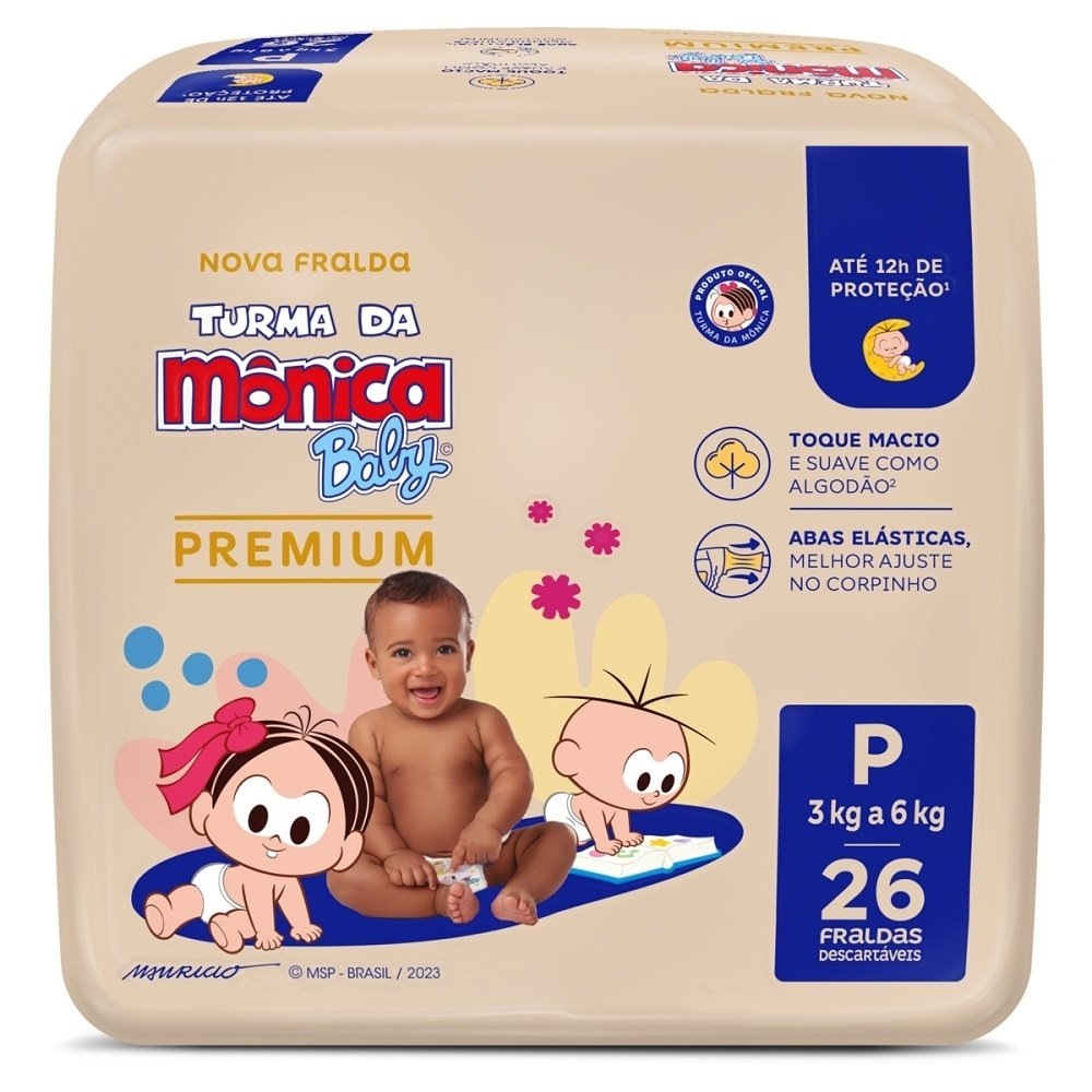 Fralda Descartável Turma da Mônica Premium Jumbo Tamanho P - 8 Pacotes com 26 Fraldas - Total 208 Tiras Fralda Descartável Turma da Mônica Premium Jumbo Tamanho P - 8 Pacotes com 26 Fraldas - Total 208 Tiras