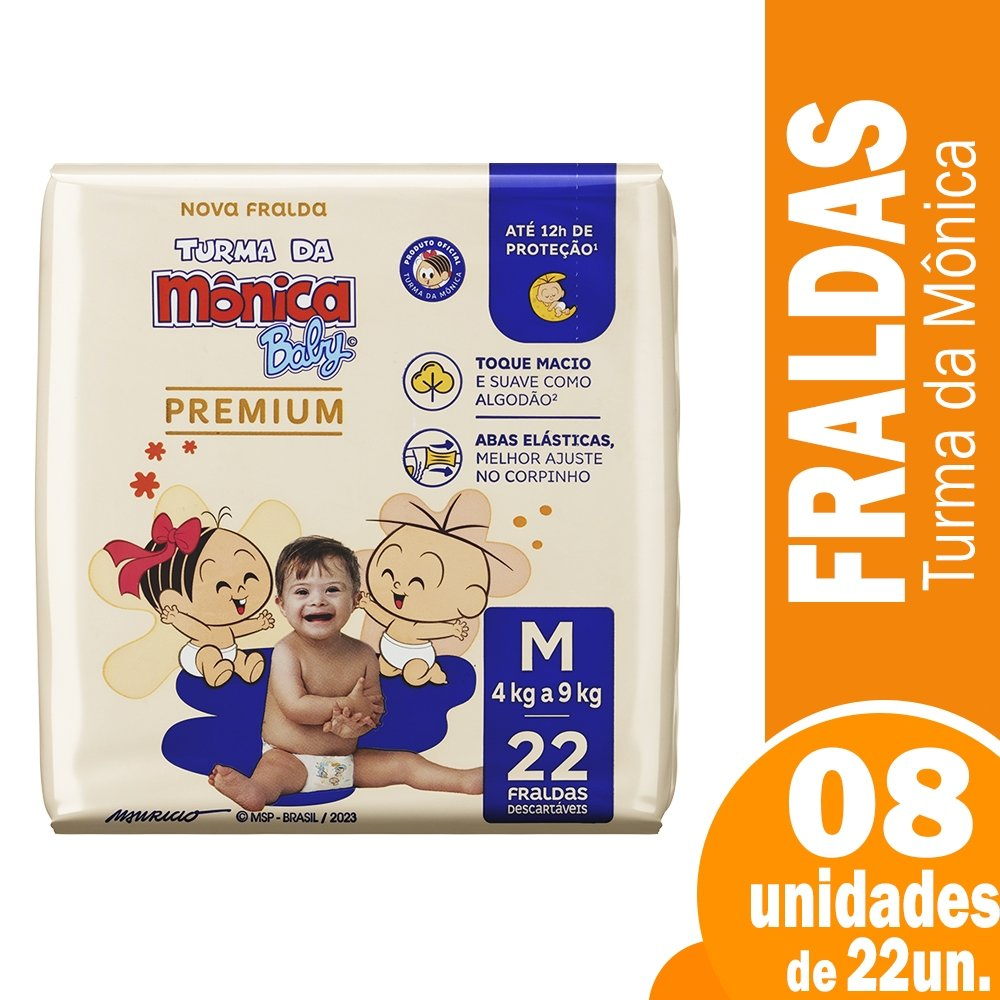 Fralda Dscartável Turma da Mônica Premium Jumbo Média - 8 Pacotes com 22 Unidades Fralda Dscartável Turma da Mônica Premium Jumbo Média - 8 Pacotes com 22 Unidades