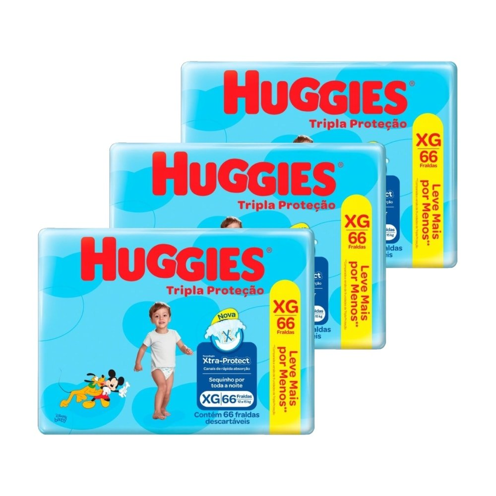 Fralda Descartável Huggies Hiper Tripla Proteção Tamanho XG - 3 Pacotes com 66 Fraldas - Total 198 Tiras Fralda Descartável Huggies Hiper Tripla Proteção Tamanho XG - 3 Pacotes com 66 Fraldas - Total 198 Tiras