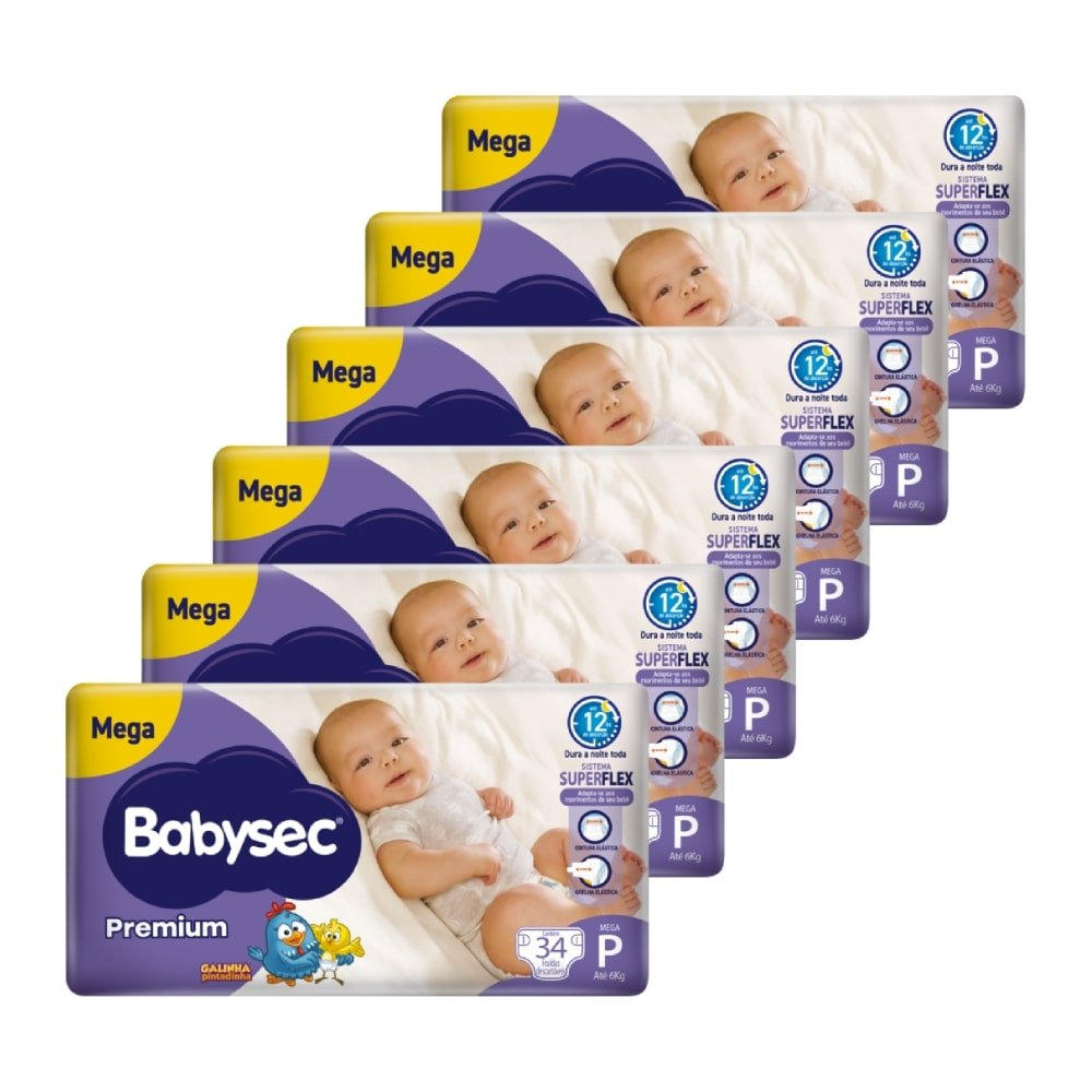 Fralda Descartável Babysec Premium Mega Tamanho P - 6 Pacotes com 34 Fraldas - Total 204 Tiras Fralda Descartável Babysec Premium Mega Tamanho P - 6 Pacotes com 34 Fraldas - Total 204 Tiras