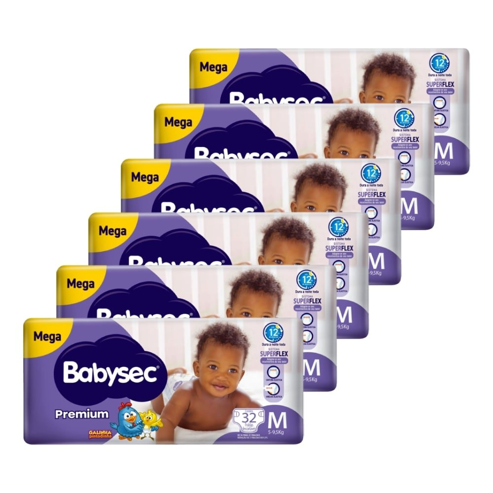 Fralda Descartável Babysec Premium Mega Tamanho M - 6 Pacotes com 32 Fraldas - Total 192 Tiras Fralda Descartável Babysec Premium Mega Tamanho M - 6 Pacotes com 32 Fraldas - Total 192 Tiras