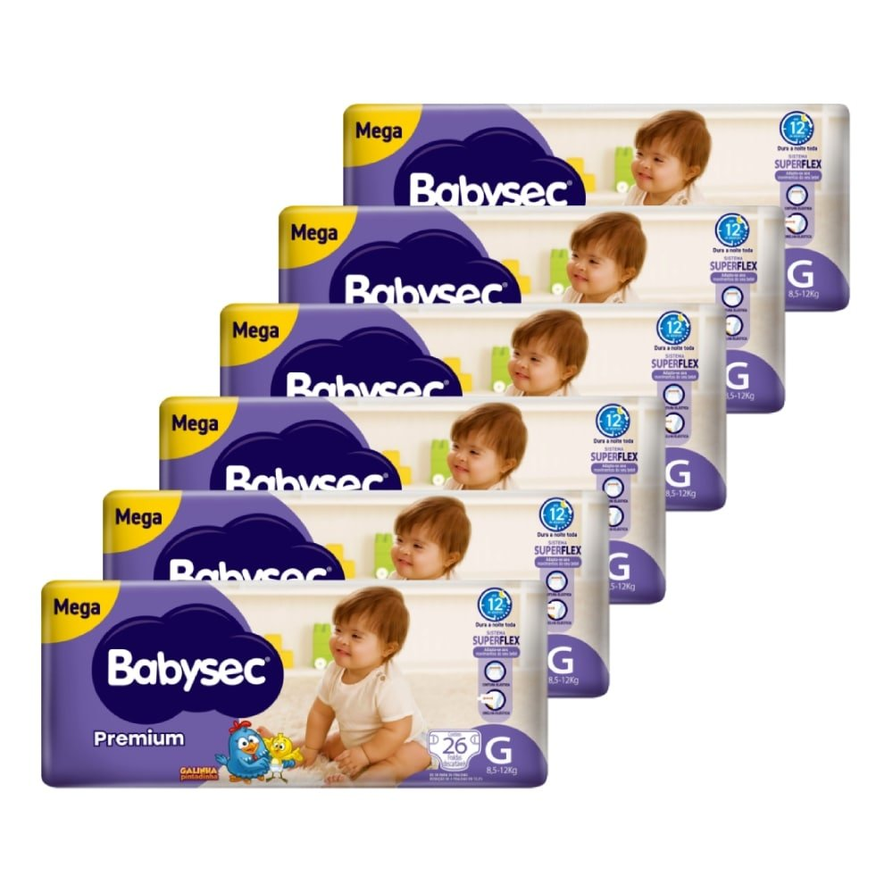 Fralda Descartável Babysec Premium Mega Tamanho G - 6 Pacotes com 26 Tiras - Total 156 Tiras Fralda Descartável Babysec Premium Mega Tamanho G - 6 Pacotes com 26 Tiras - Total 156 Tiras