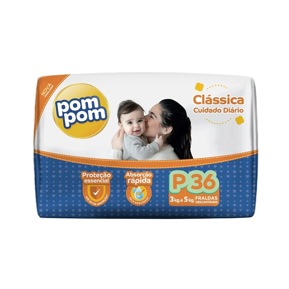 Fralda Descartável PomPom Clássica Econômica Tamanho P - 8 Pacotes com 36 Fraldas - Total 288 Tiras Fralda Descartável PomPom Clássica Econômica Tamanho P - 8 Pacotes com 36 Fraldas - Total 288 Tiras