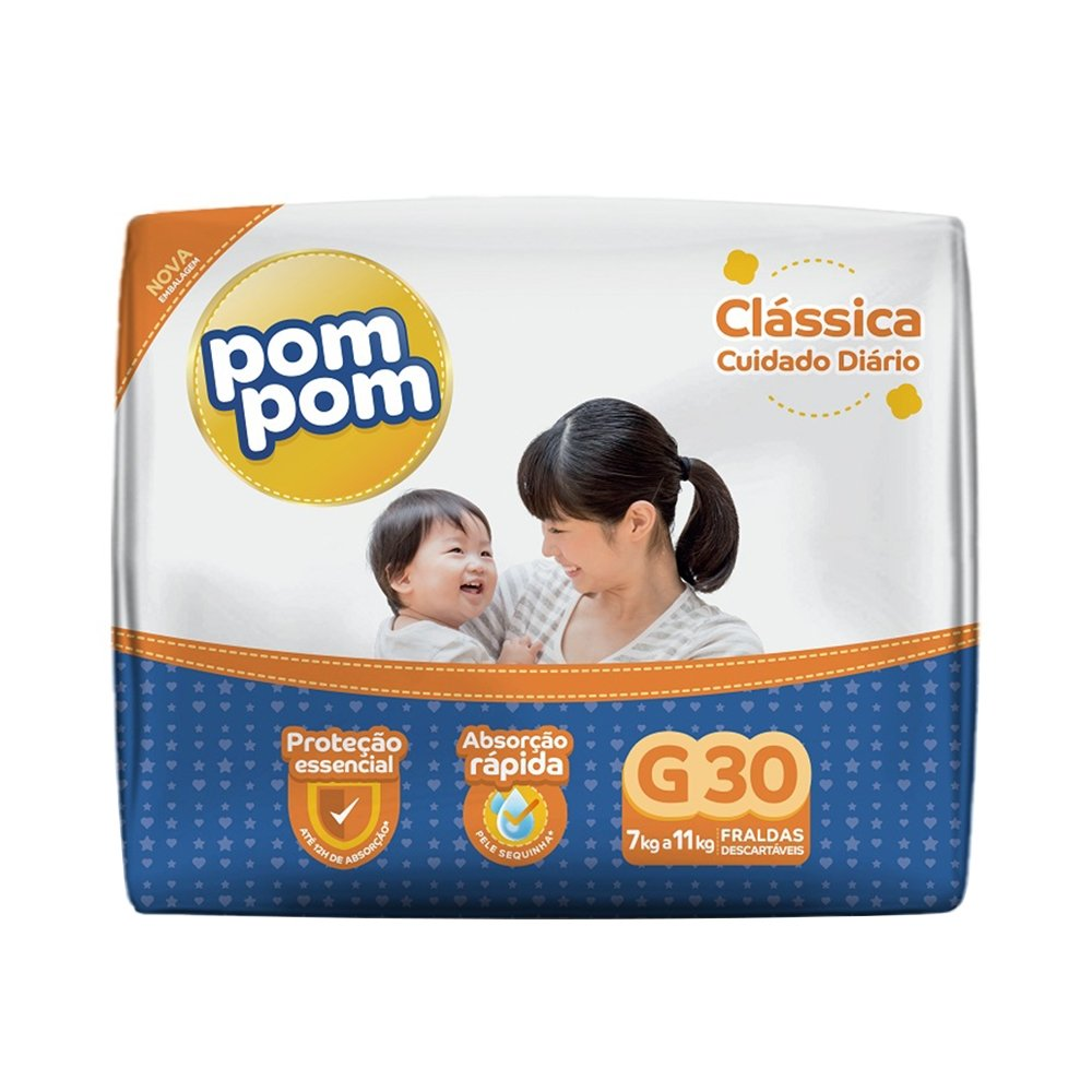 Fralda Descartável PomPom Clássica Econômica Tamanho G - 8 Pacotes com 30 Fraldas - Total 240 Tiras Fralda Descartável PomPom Clássica Econômica Tamanho G - 8 Pacotes com 30 Fraldas - Total 240 Tiras