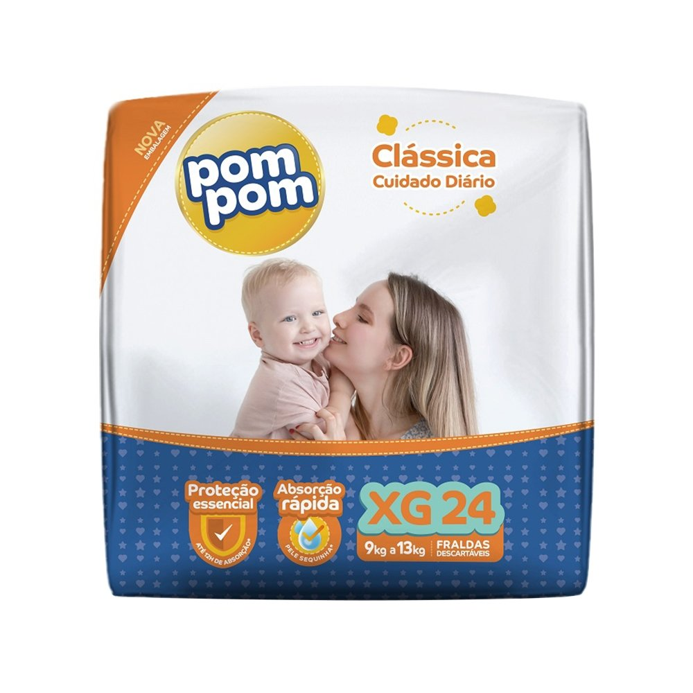 Fralda Descartável PomPom Clássica Econômica Tamanho XG - 8 Pacotes com 24 Fraldas - Total 192 Tiras Fralda Descartável PomPom Clássica Econômica Tamanho XG - 8 Pacotes com 24 Fraldas - Total 192 Tiras