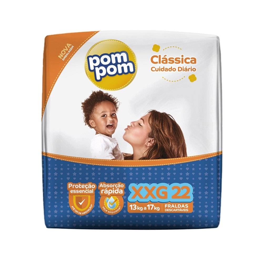 Fralda Descartável PomPom Clássica Econômica Tamanho XXG - 8 Pacotes com 22 Fraldas - Total 176 Tiras Fralda Descartável PomPom Clássica Econômica Tamanho XXG - 8 Pacotes com 22 Fraldas - Total 176 Tiras