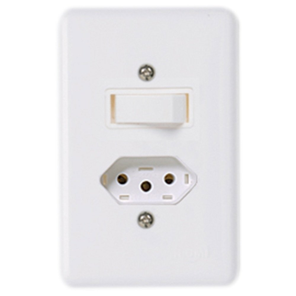 Interruptor Ilumi 1 Tecla Simples + 1 Tomada 2 Polos + Terra com Placa Stylus 6A/20A 250V 4x2