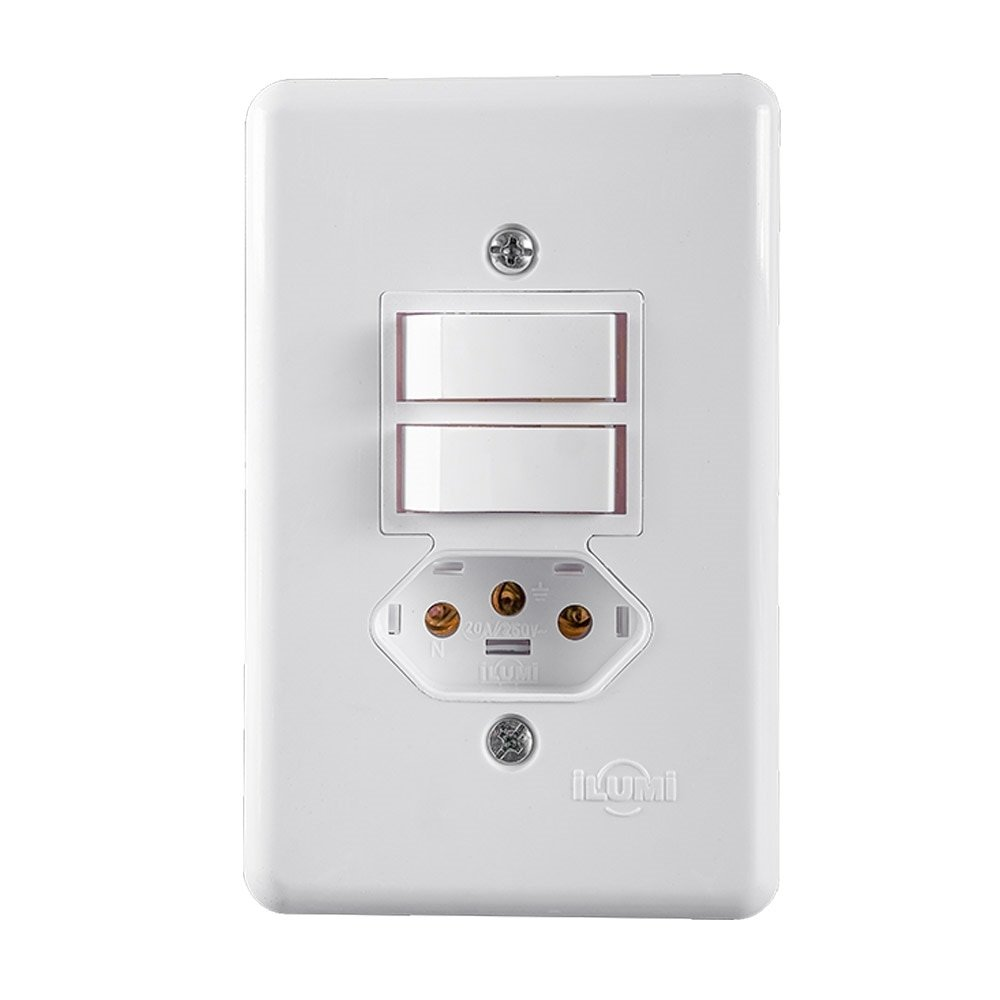Interruptor Ilumi 2 Teclas Simples + 1 Tomada 2 Polos + Terra Stylus 6A/10A 250V 4x2 Interruptor Ilumi 2 Teclas Simples + 1 Tomada 2 Polos + Terra Stylus 6A/10A 250V 4x2