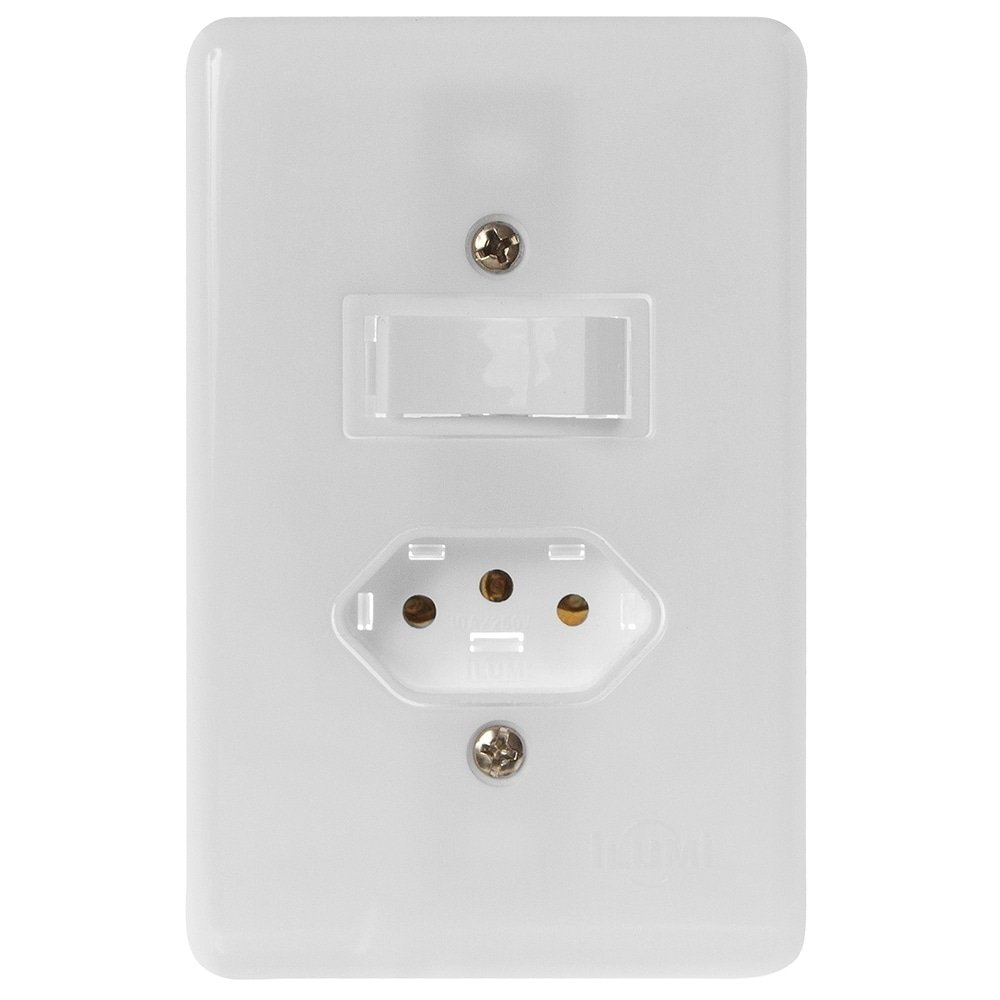 Interruptor Stylus Ilumi 1 Tecla Simples +1 Tomada 2P+T 6-10A 250V Com Placa 4X2