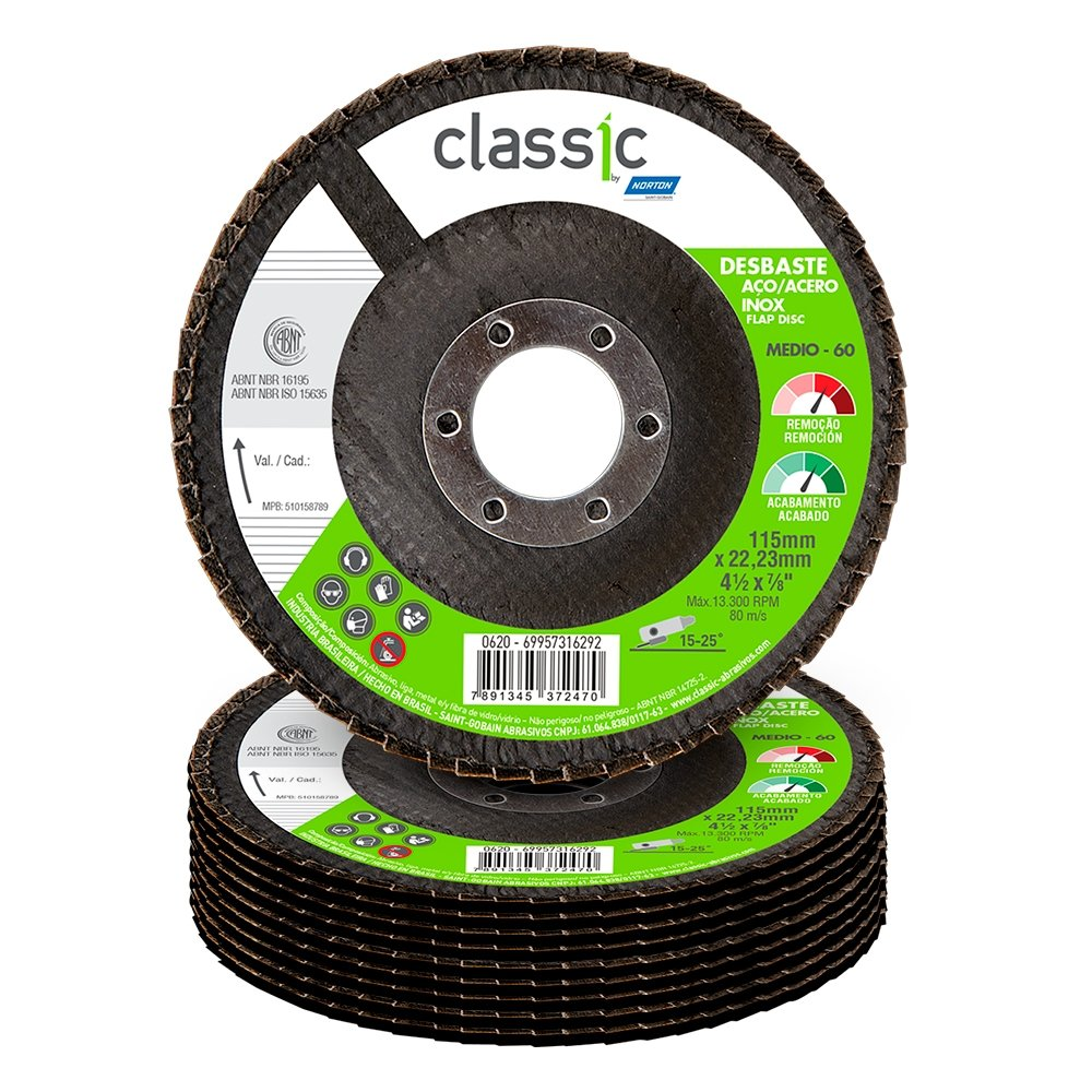 Disco Flap Norton Classic 4.1/2P R801 G60 Embalagem com 10 Unidades
