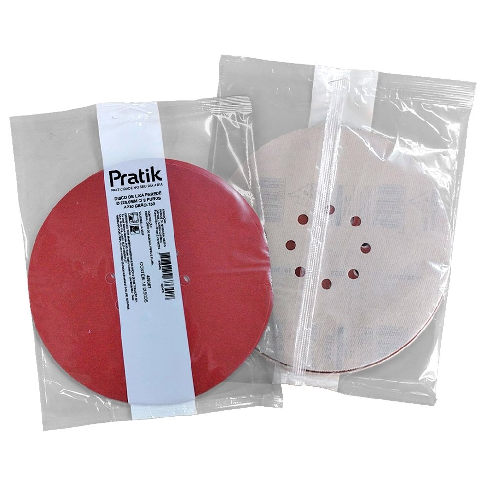 Disco Lixa Massa Pratik A230 - 225mm 8 Furos com Velcro G150 - Embalagem com 10 Unidades Disco Lixa Massa Pratik A230 - 225mm 8 Furos com Velcro G150 - Embalagem com 10 Unidades