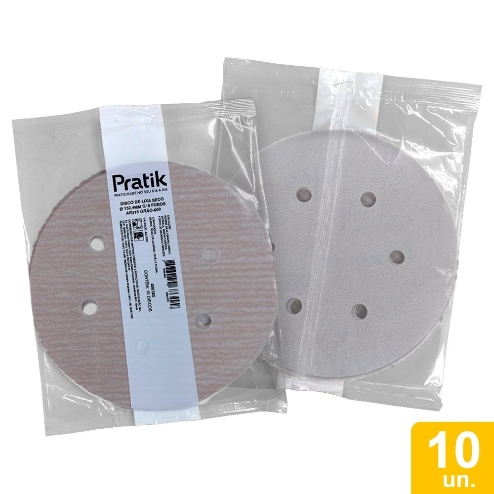 Disco Lixa Seco Pratik AR215 - 152.4mm 6 Furos com Velcro G600 - Embalagem com 10 Unidades Disco Lixa Seco Pratik AR215 - 152.4mm 6 Furos com Velcro G600 - Embalagem com 10 Unidades