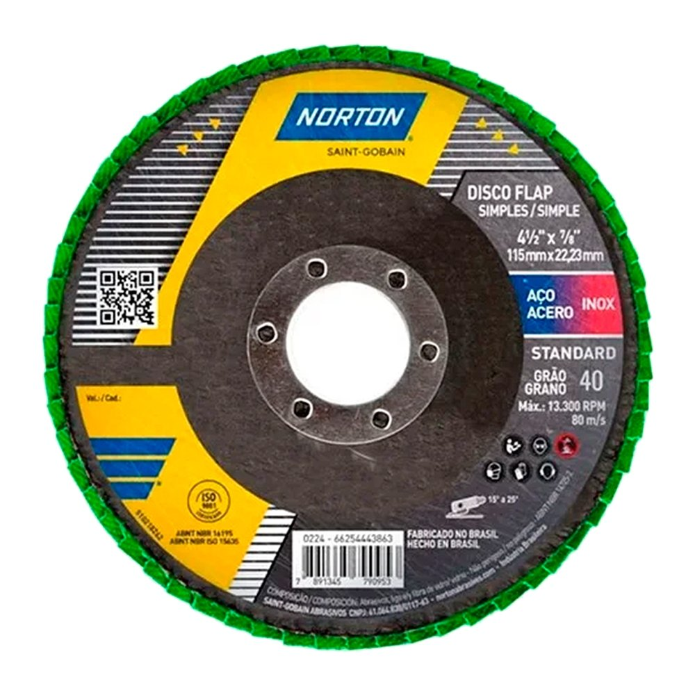 Disco Flap Fibra Norton R244 Standard 4.1/2" 115x22,23mm G40 - Embalagem com 10 Unidades. Disco Flap Fibra Norton R244 Standard 4.1/2" 115x22,23mm G40 - Embalagem com 10 Unidades.