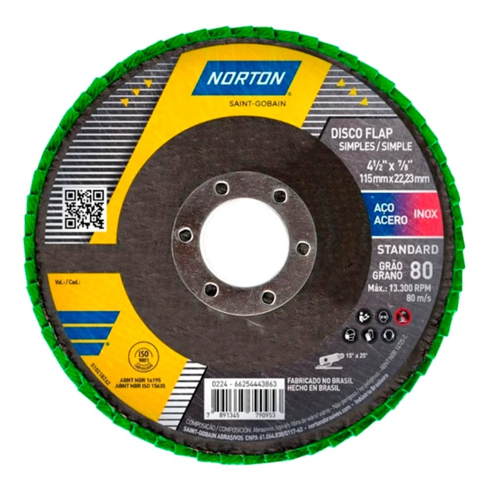 Disco Flap Fibra Norton R244 Standard 4.1/2" 115x22,23mm G80 - Embalagem com 10 Unidades. Disco Flap Fibra Norton R244 Standard 4.1/2" 115x22,23mm G80 - Embalagem com 10 Unidades.