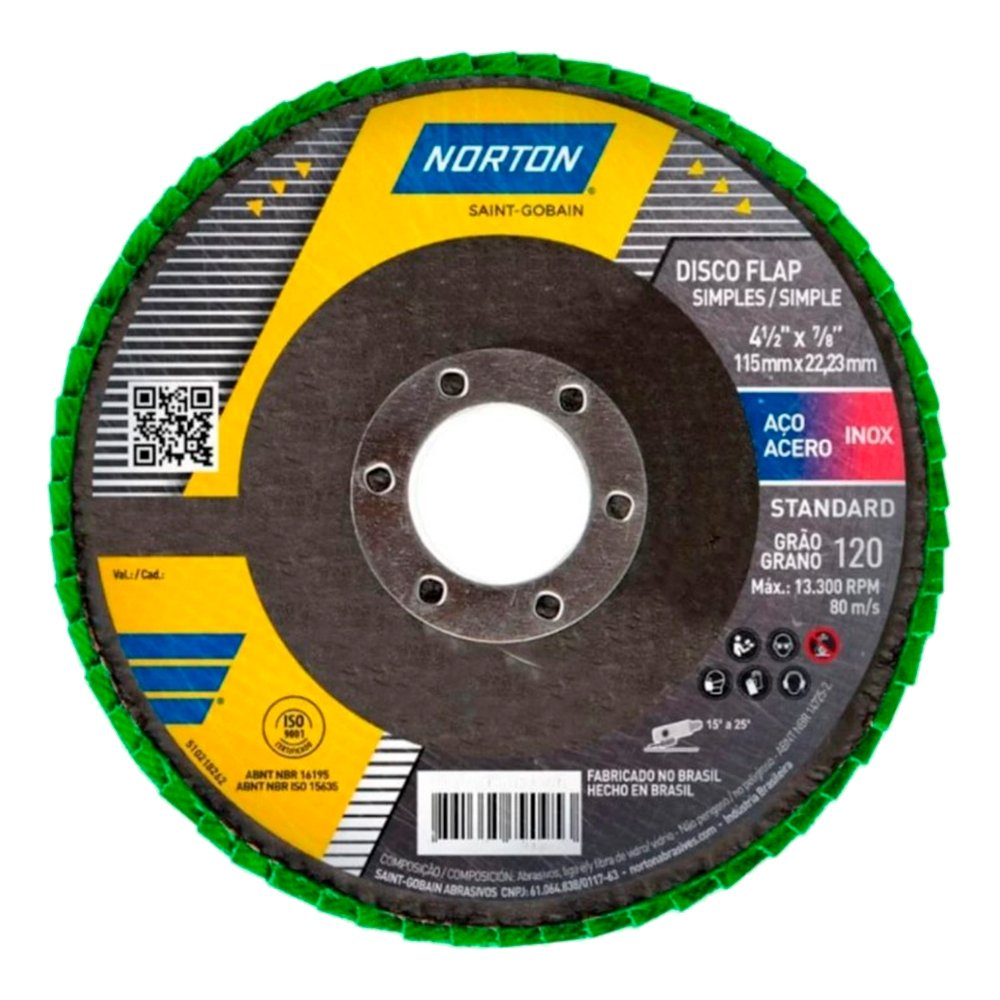 Disco Flap Fibra Norton R244 Standard 4.1/2" 115x22,23mm G120 - Embalagem com 10 Unidades. Disco Flap Fibra Norton R244 Standard 4.1/2" 115x22,23mm G120 - Embalagem com 10 Unidades.