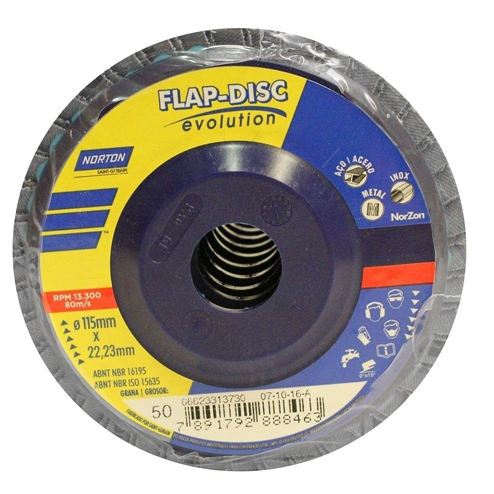 Disco Flap Norton 4.1/2P R822 G50 10 Unidades Embalagem com 10 Unidades Disco Flap Norton 4.1/2P R822 G50 10 Unidades Embalagem com 10 Unidades